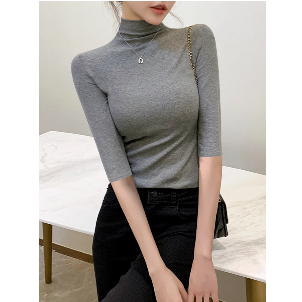 螺纹针织半高领五分袖打底衫女内搭中袖T恤2025新款春秋修身上衣
