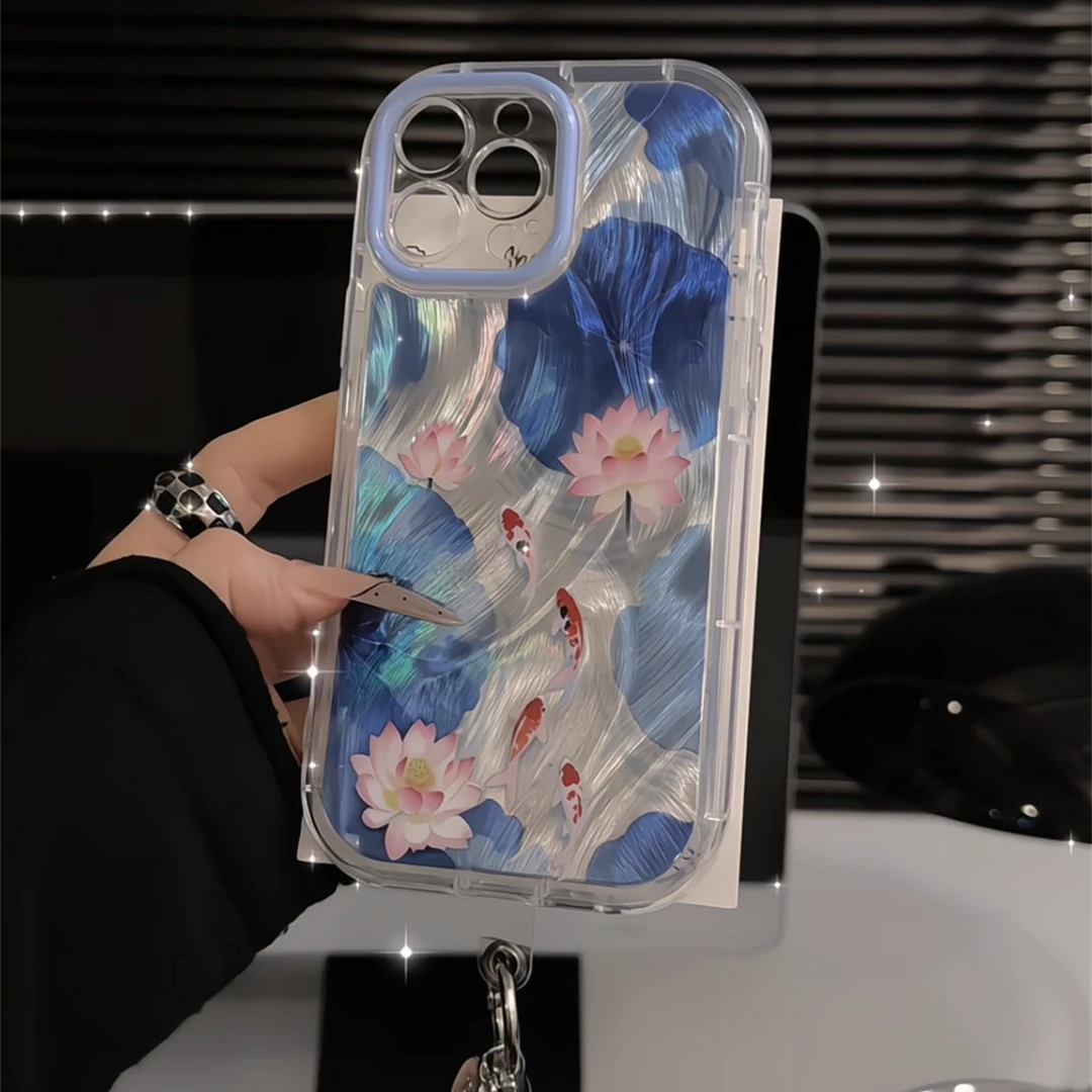 水墨荷花锦鲤适用苹果16promax手机壳iPhone15泡芙华为oppo小米15
