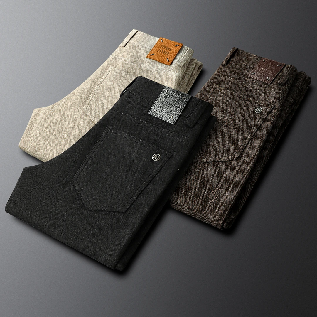 荷波撒纳温男士修身暗纹毛呢休闲裤字母提花裤子秋冬小直筒商务裤