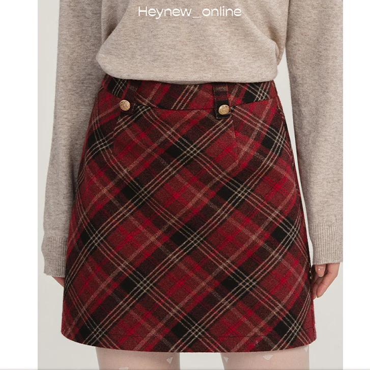 红色新年格纹a字半身裙女秋冬小个子显瘦短裙-3D594