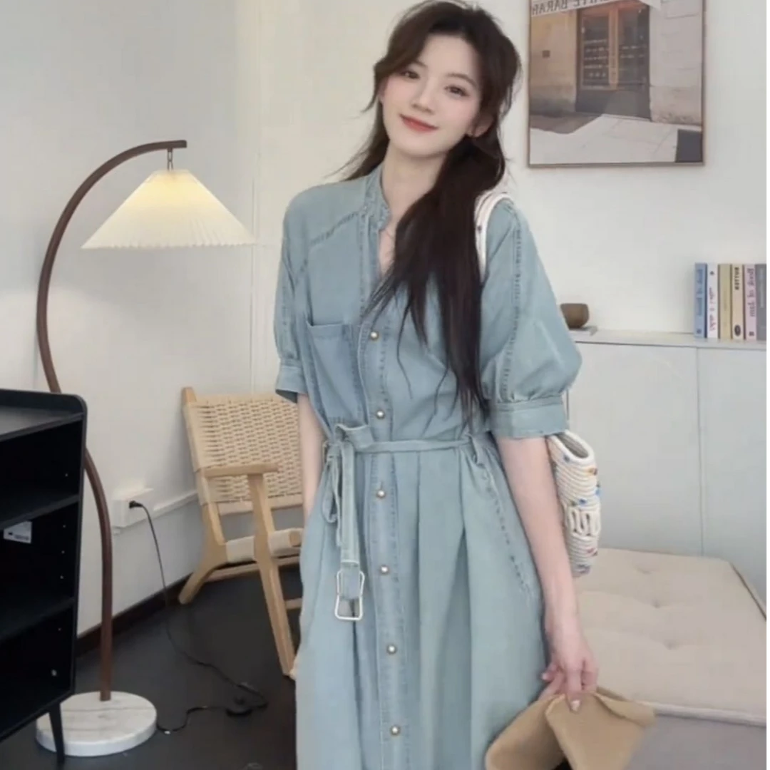 浅色复古薄款牛仔连衣裙女夏2025新款法式复古收腰显瘦高级感长裙