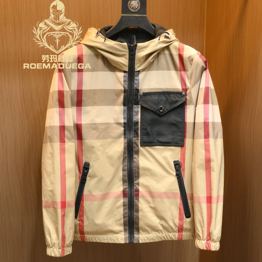 劳玛杜伽欧货潮流时尚格子夹克衫男士春秋季修身休闲百搭连帽外套