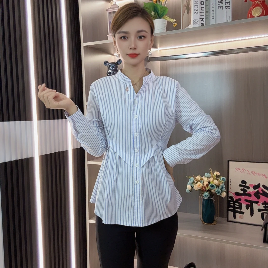 成人秋季长袖条纹薄款常规修身休闲风衬衫衬衣打底小众K5239