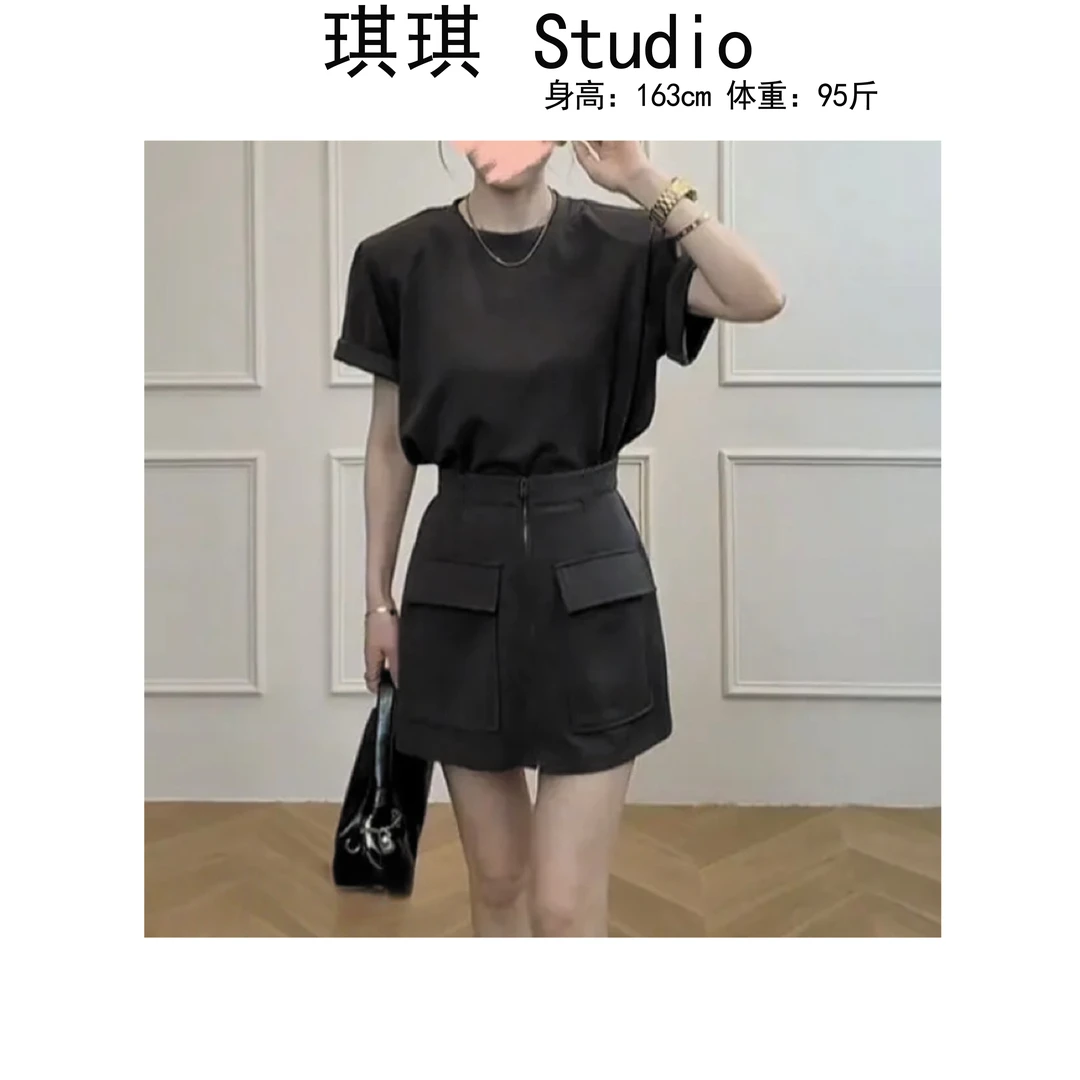 《琪琪家》夏季新款设计感拉链双口袋半身裙减龄短袖两件套8322-CS