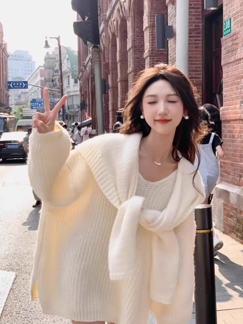 披肩连帽毛衣女2025新款春季慵懒风宽松中长款遮屁股套头针织上衣