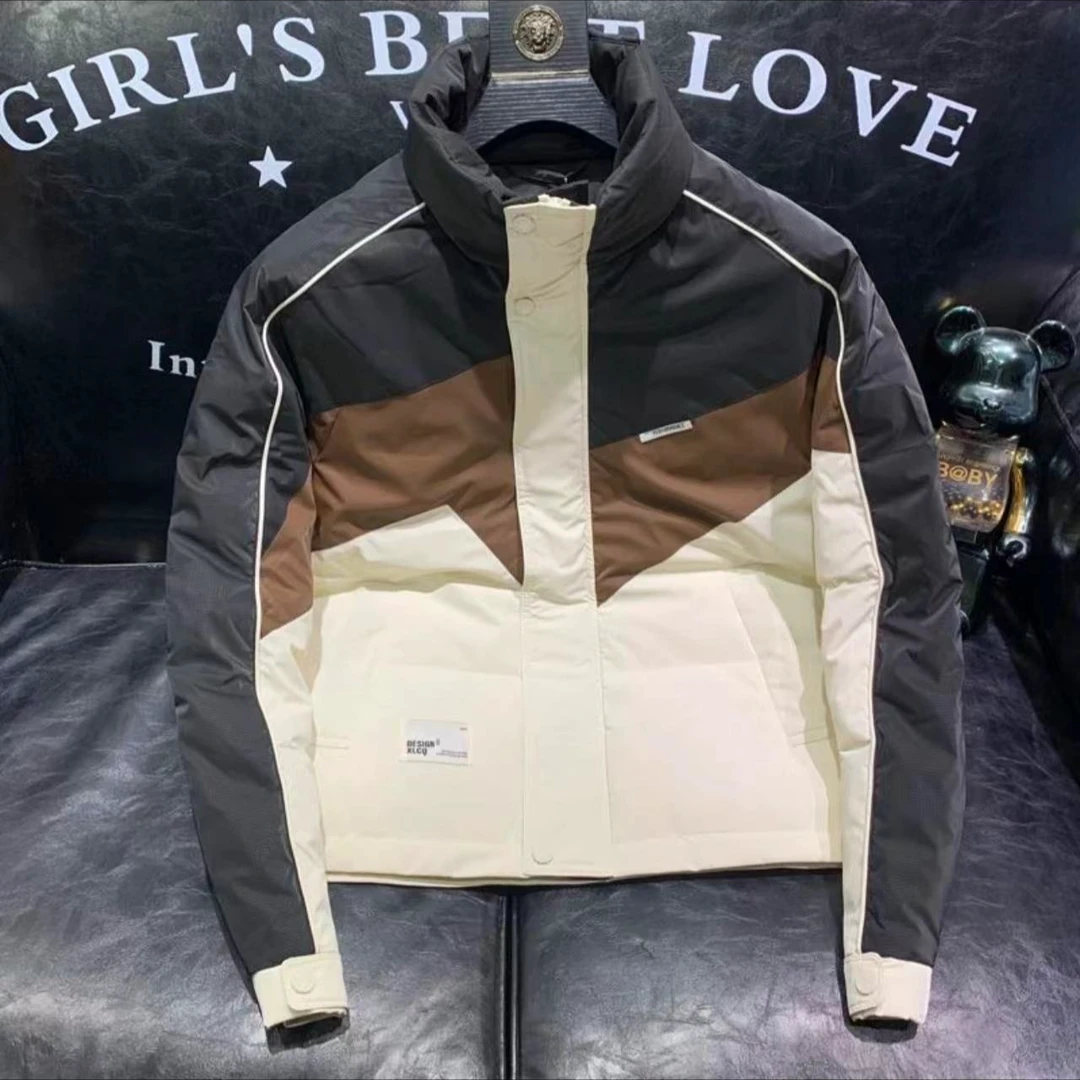 冬季帅气轻奢拼色款连帽羽绒服潮流设计感男士创意保暖外套9515