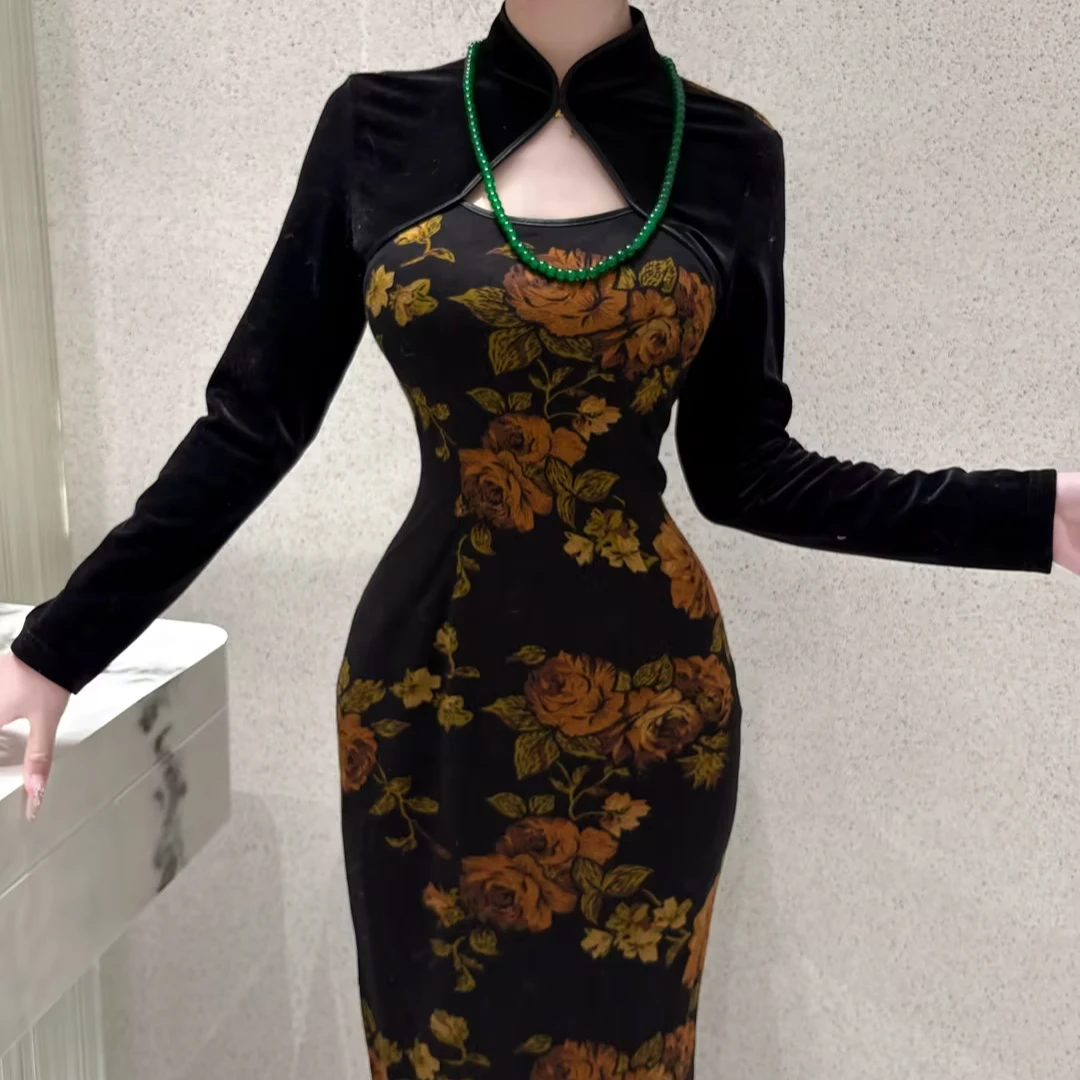 LHMknk1画报夫人原创自制显瘦针织丝绒复古旗袍 锦绣玫瑰