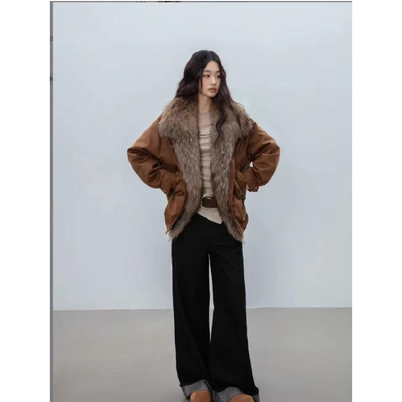 方领长袖女大码毛毛翻领短连帽秋冬上衣短外套