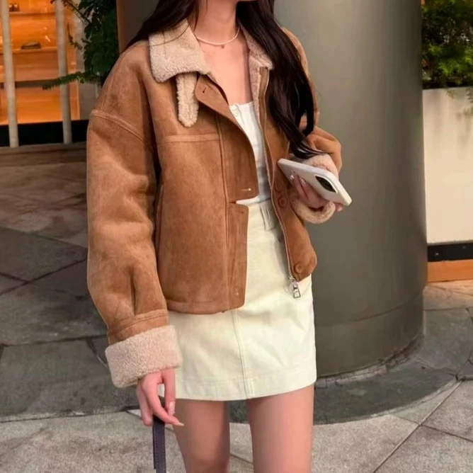 2025年冬季新款复古文艺时尚清新小个子百搭美拉德韩版羊羔毛外套