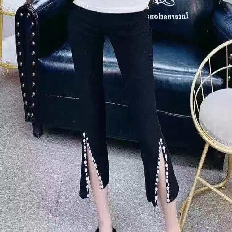 大码女装高腰九分裤胖妹妹显瘦黑色小个子春季长裤订珠款