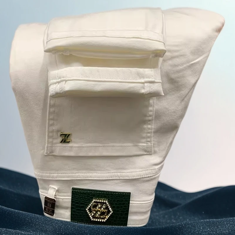 巴赛娜缇时尚男士白色牛仔裤休闲弹力新款长裤子修身青年小脚男裤