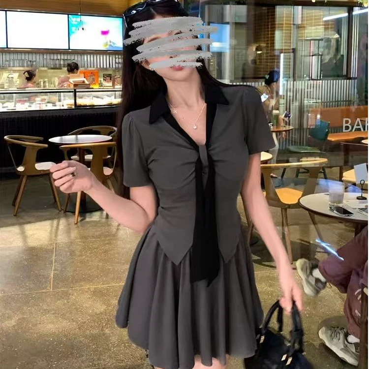 夏季纯欲风蝴蝶结收腰设计上衣高腰半身裙套装