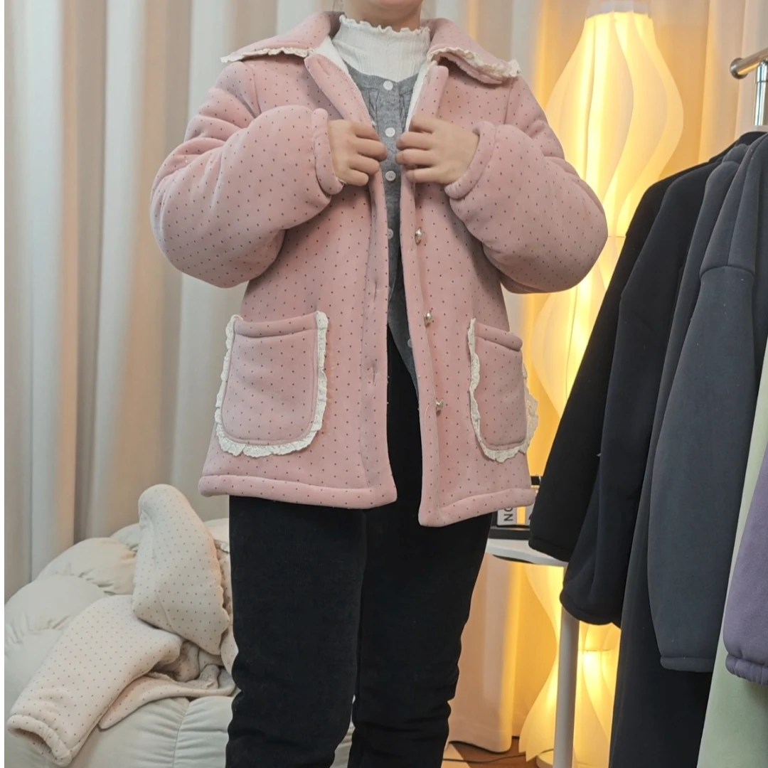 保暖冬季波点圆领家居服套装睡衣加厚加绒翻领粉色一套过冬舒适