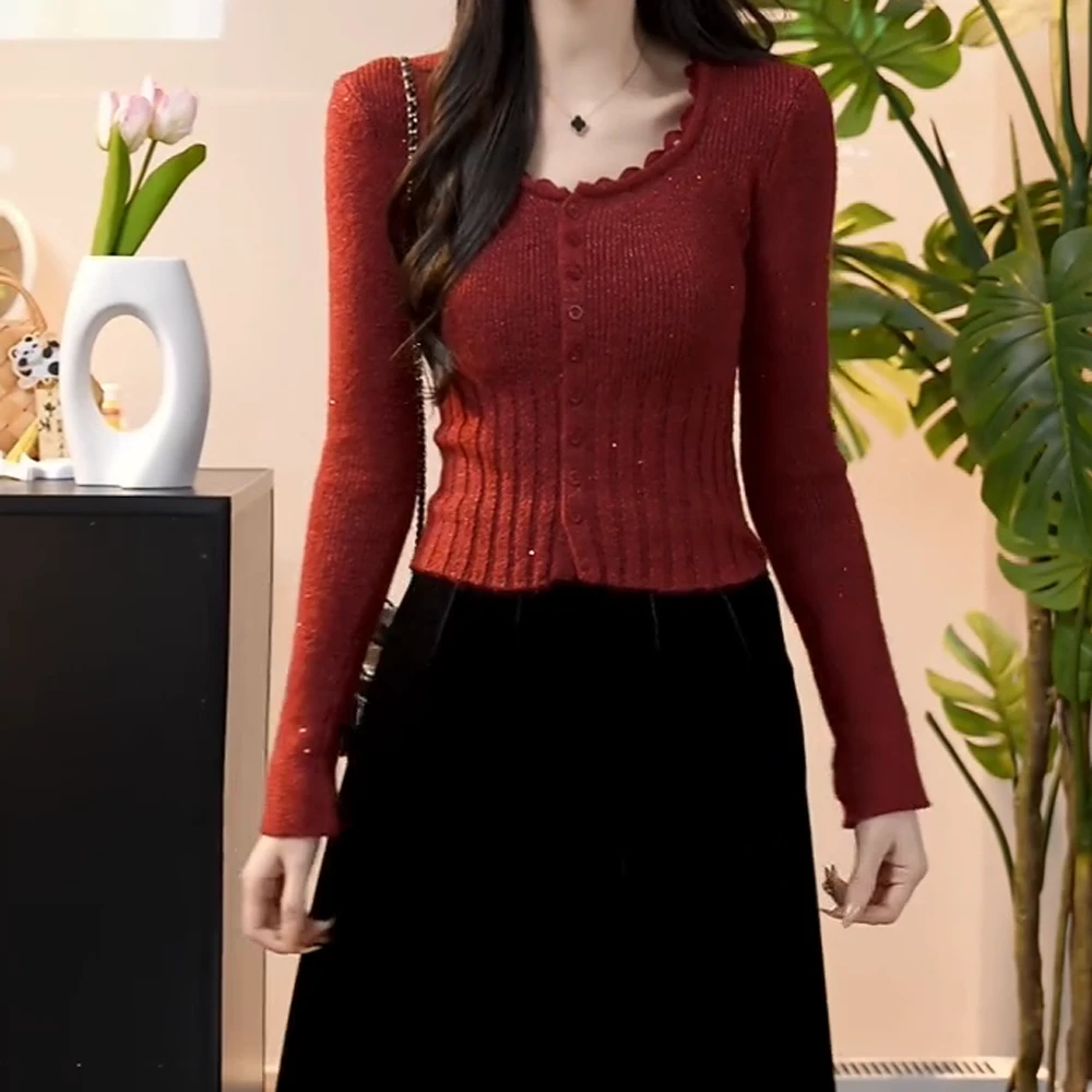 T秋冬上新【微醺岛屿】法式新款百搭红色拼接蕾丝边针织衫显瘦
