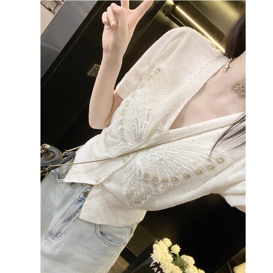 Leathercat针织开衫薄款女2025年夏季设计感小众别致v领短袖上衣