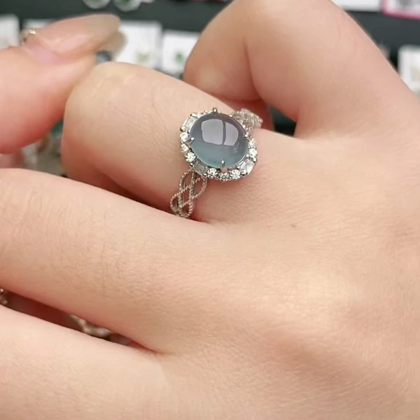 鑫辰珠宝天然A货翡翠银镶嵌设计款开口女戒指时尚百搭