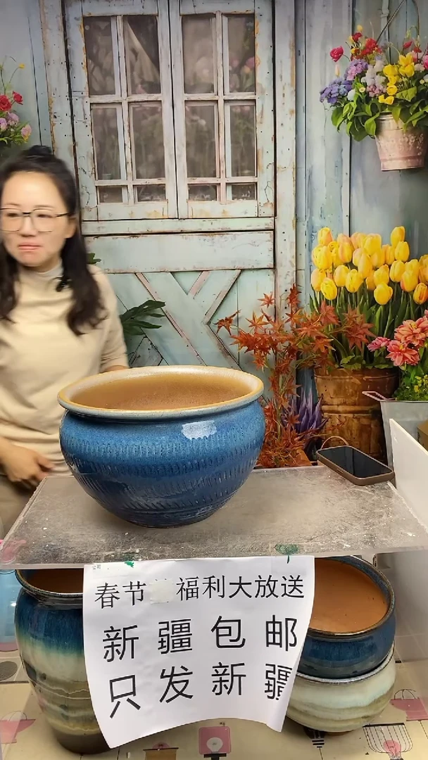 【闪购商品】红陶蓝色斜纹大陶盆1个装