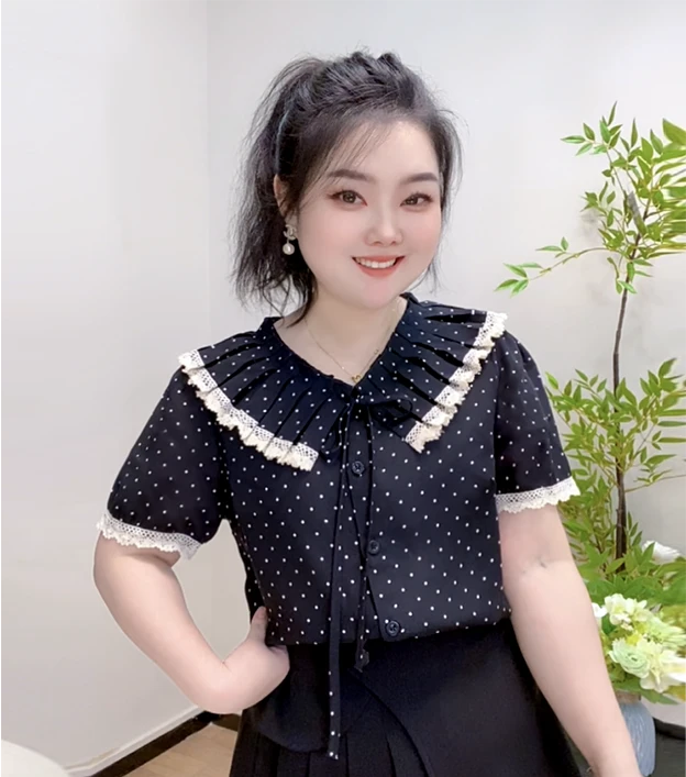 胖mm2025新款法式复古娃娃领格子衬衫女荷叶边显瘦遮肉上衣夏季