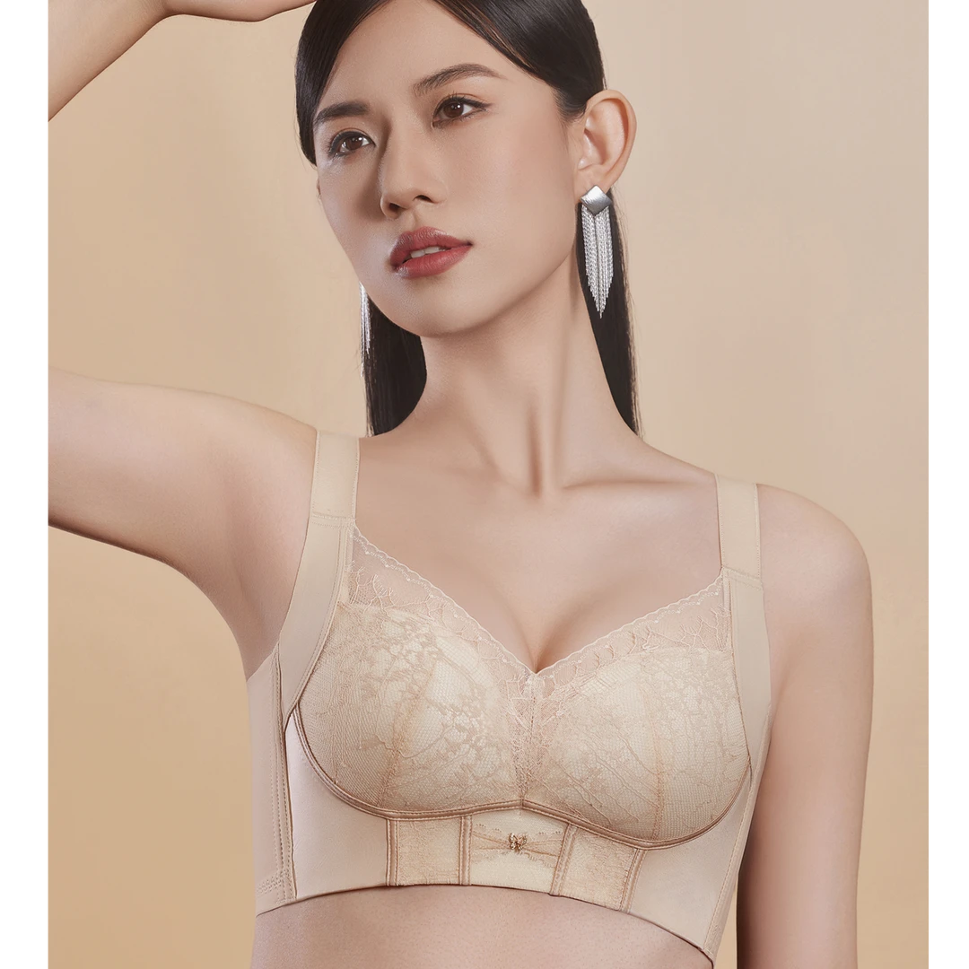 新款B杯调整型矫正聚拢文胸无钢圈立体上托内衣桑蚕丝里料