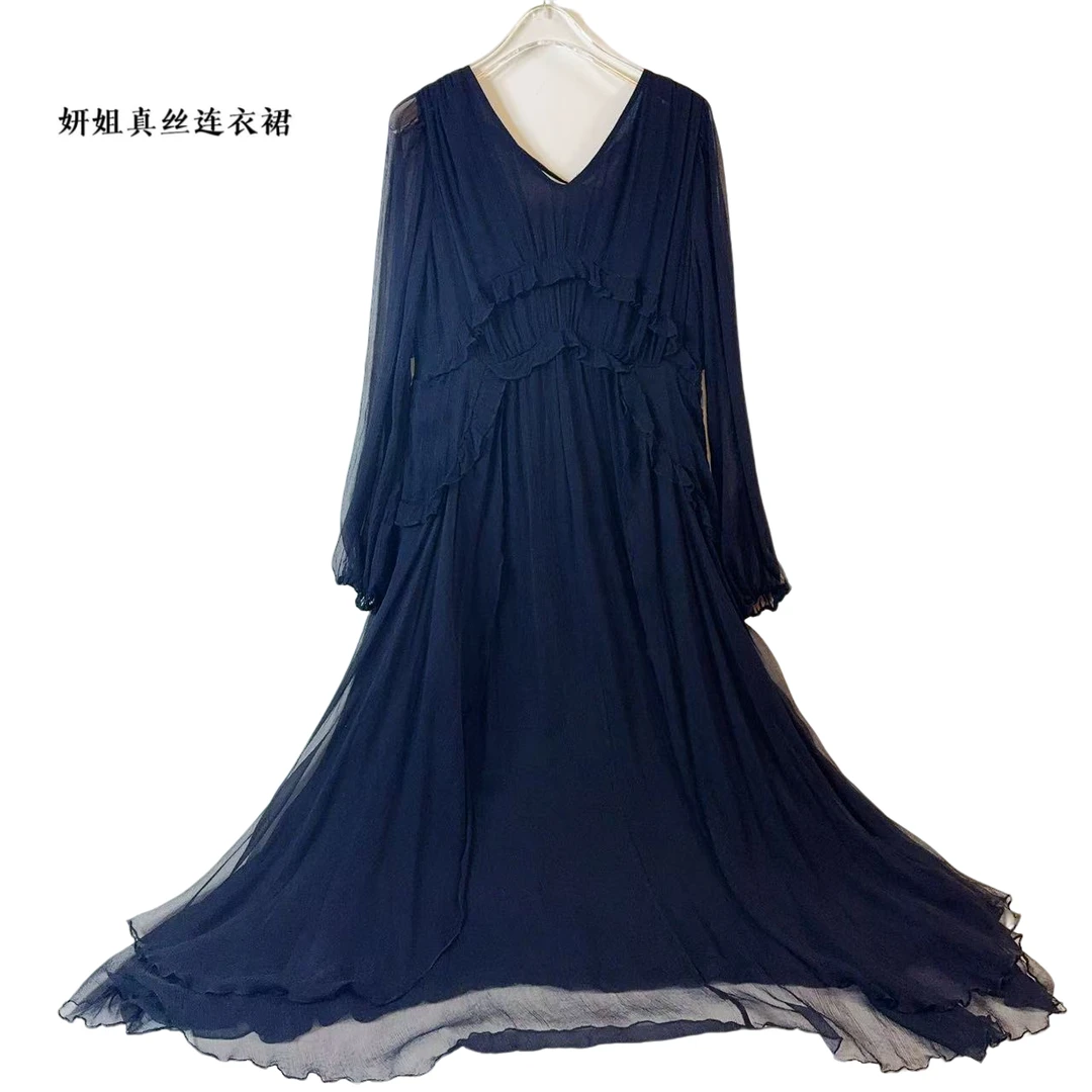 妍姐2025夏新款碎花V领修身高端走秀印花真丝连衣裙 黑色 F2401