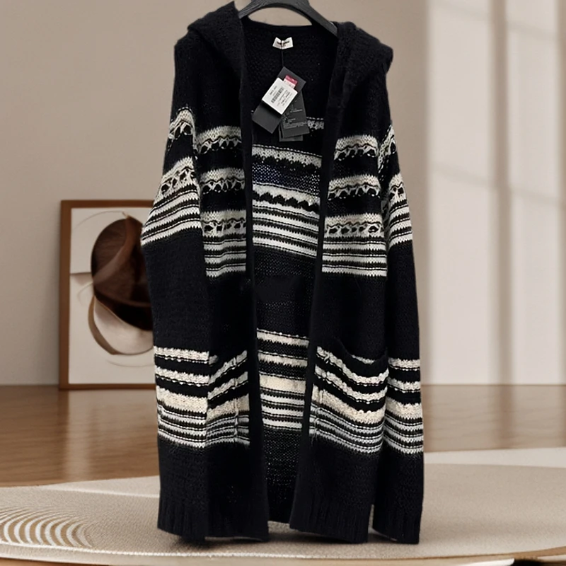 《广州十三行》日系复古宽松软糯慵懒风连帽条纹针织毛衣外套秋冬