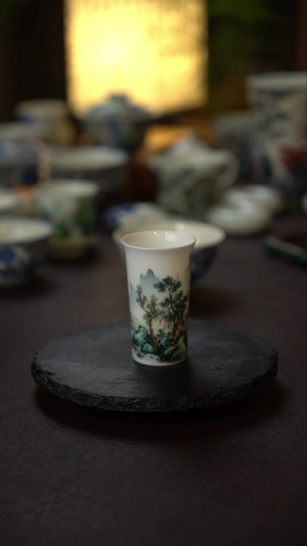王钢全手工手绘青绿山水闻香杯