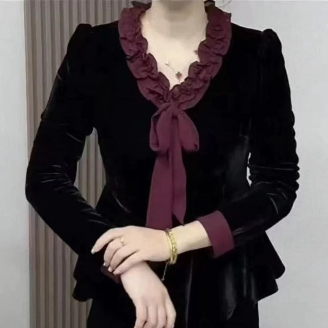 1906春秋新款长袖上衣金丝绒打底衫洋气显瘦百搭系带小衫
