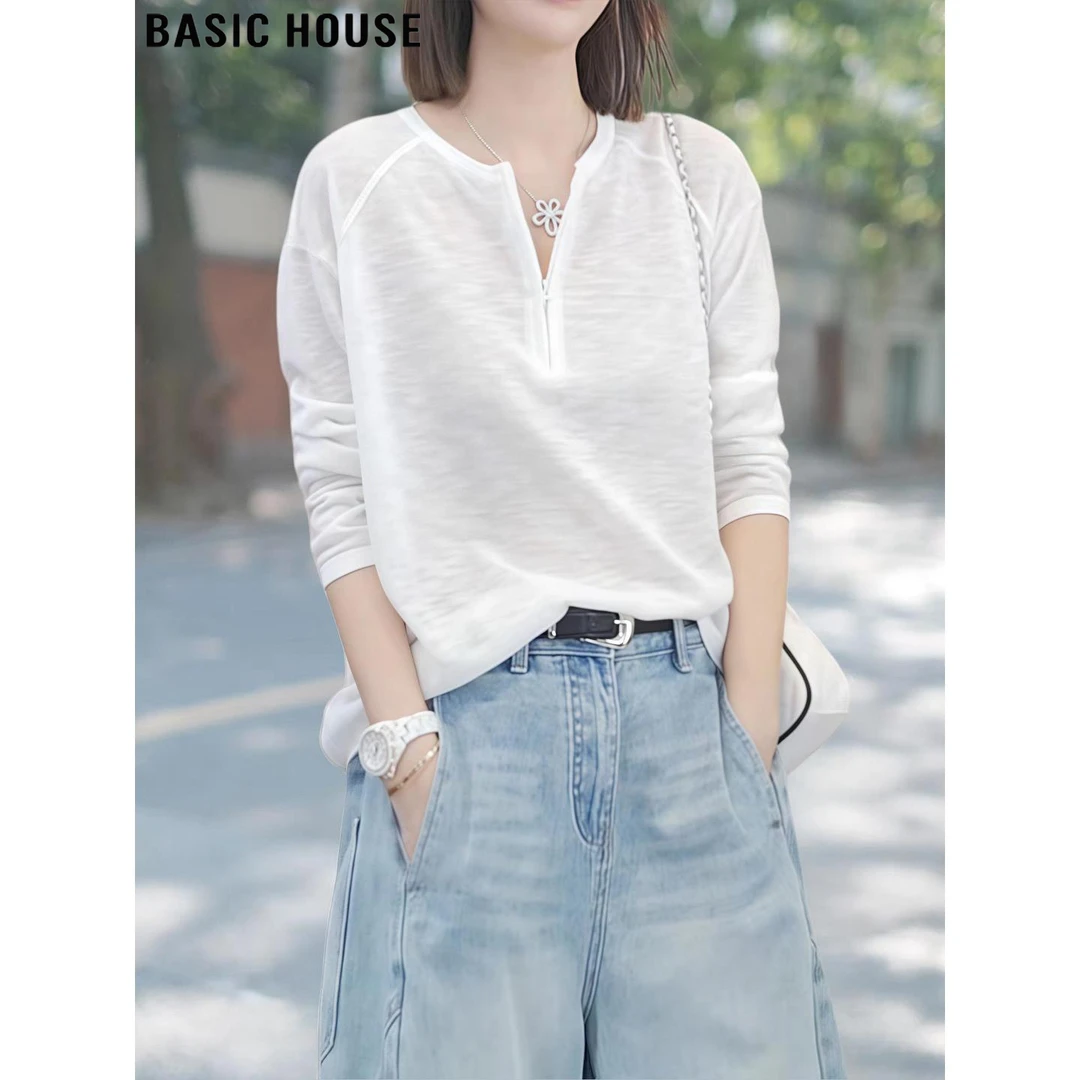 Basic House/百家好半拉链薄款防晒罩衫长袖t恤女夏时尚宽松上衣