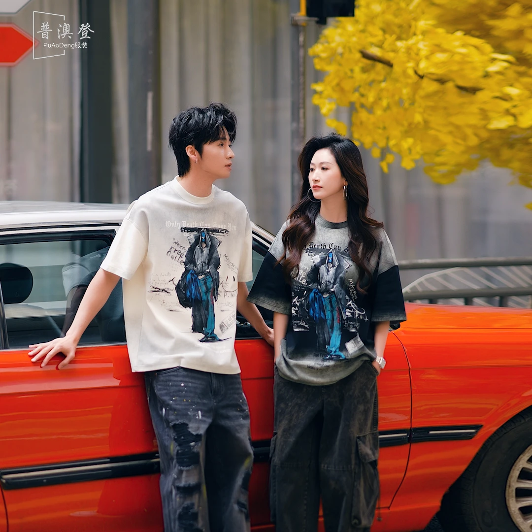 普澳登 夏季新款美式复古潮流百搭宽松渐变字母印花中性风休闲T恤