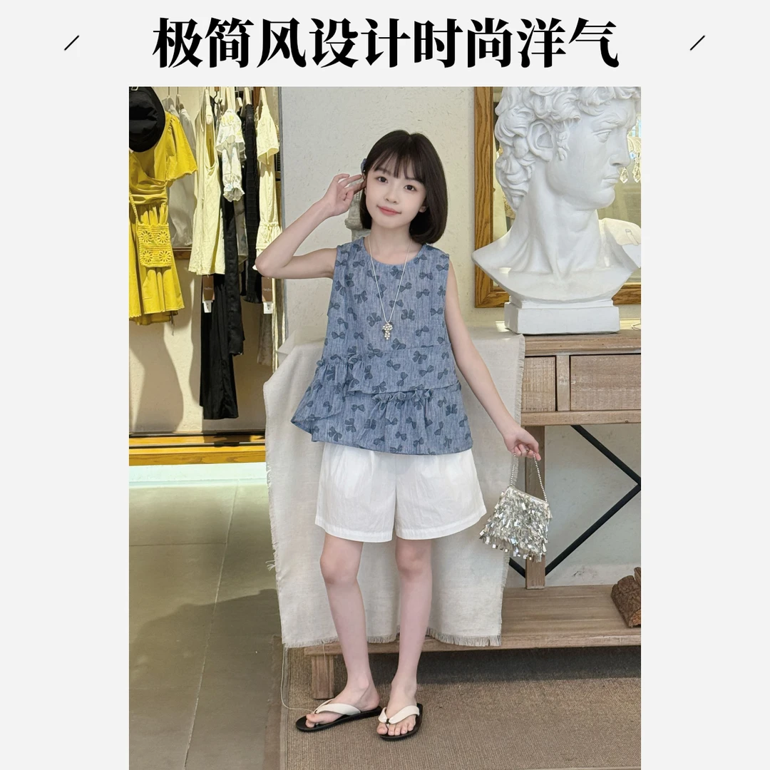 新款极简风女童夏季蝴蝶套装童装欧若风无袖短裤2件套洋气时尚