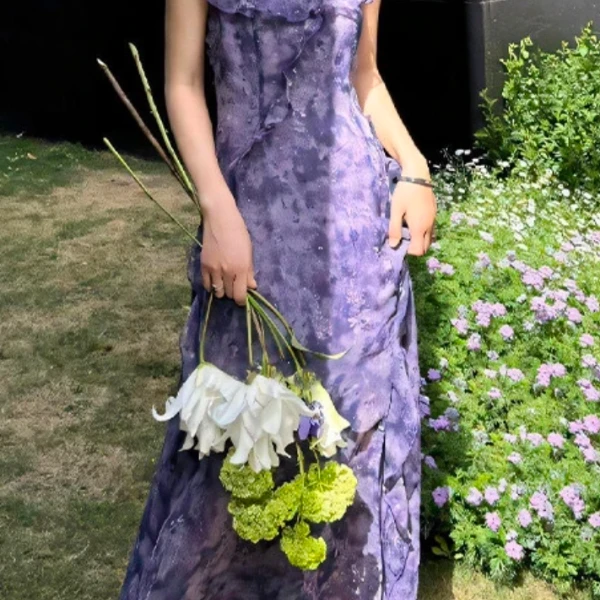 (TING）法式紫色连衣裙女荷叶边收腰气质温柔风仙女裙25055