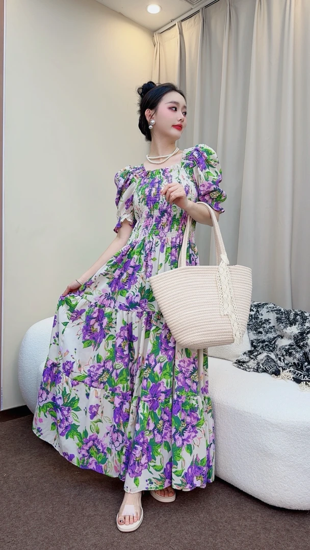 【819】新款气质收腰泡泡袖一字肩印花碎花连衣裙长裙