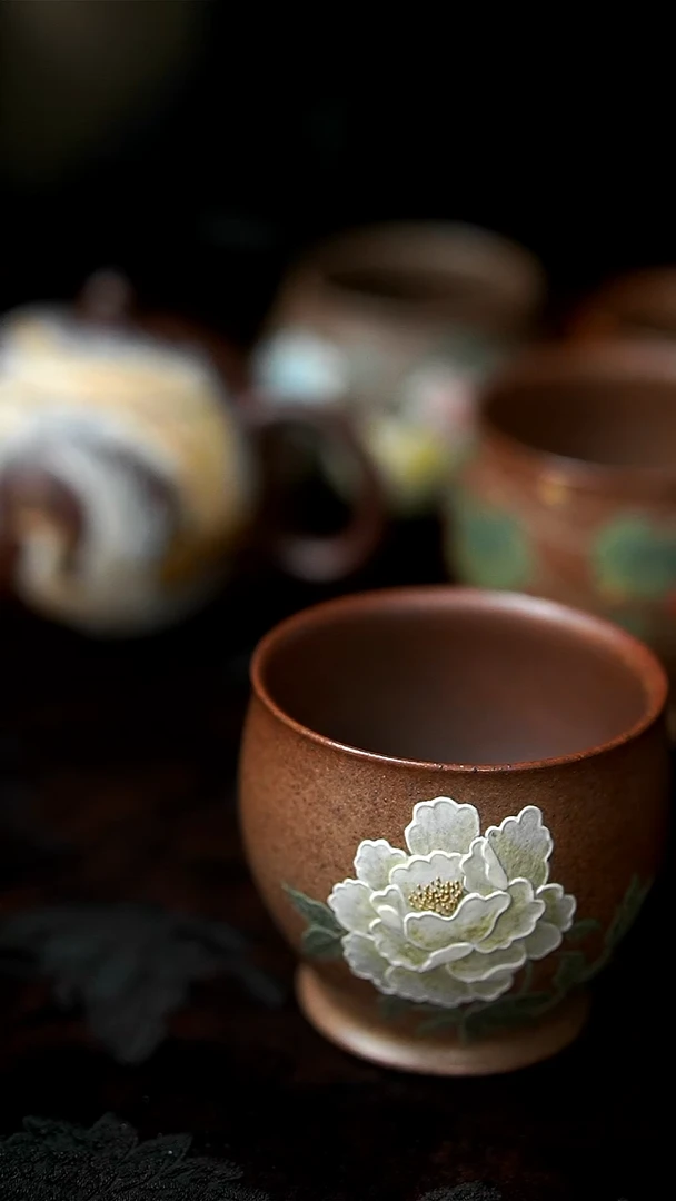 茶壶紫砂??柴烧牡丹杯