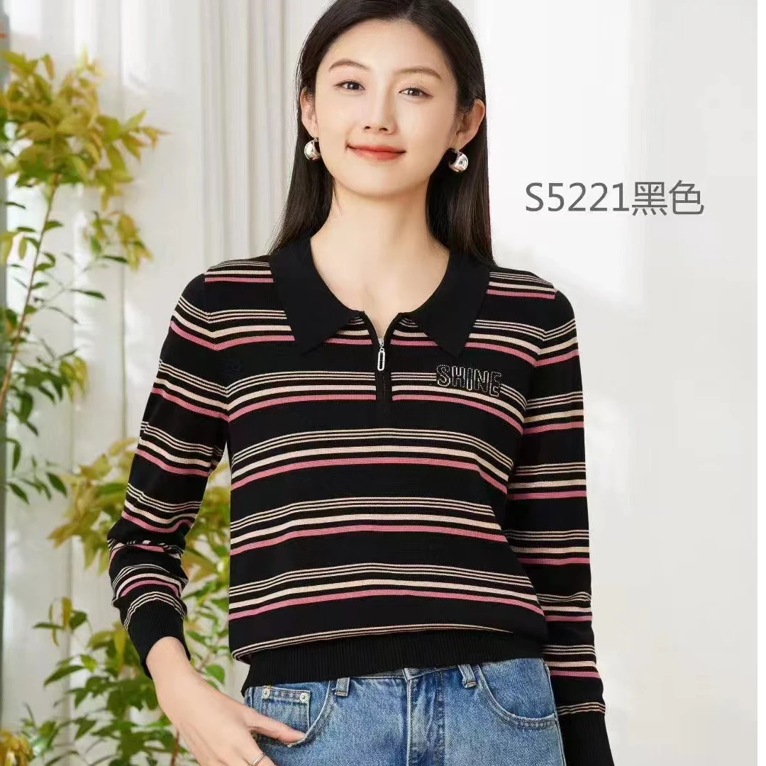 条纹T领长袖5221针织休闲百搭