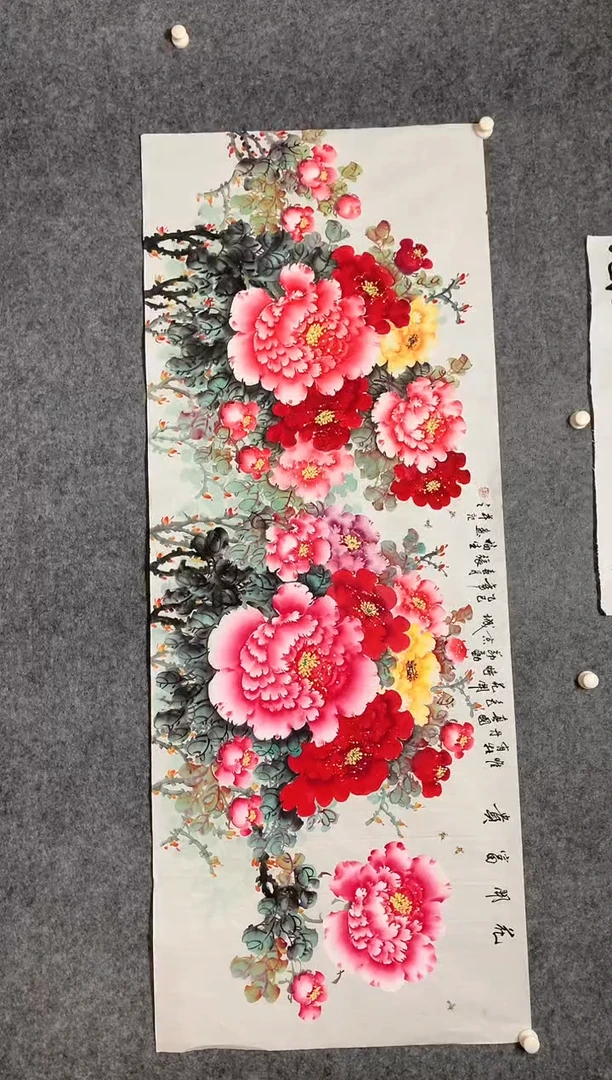 横款精品牡丹画作花开富贵尺寸180*70