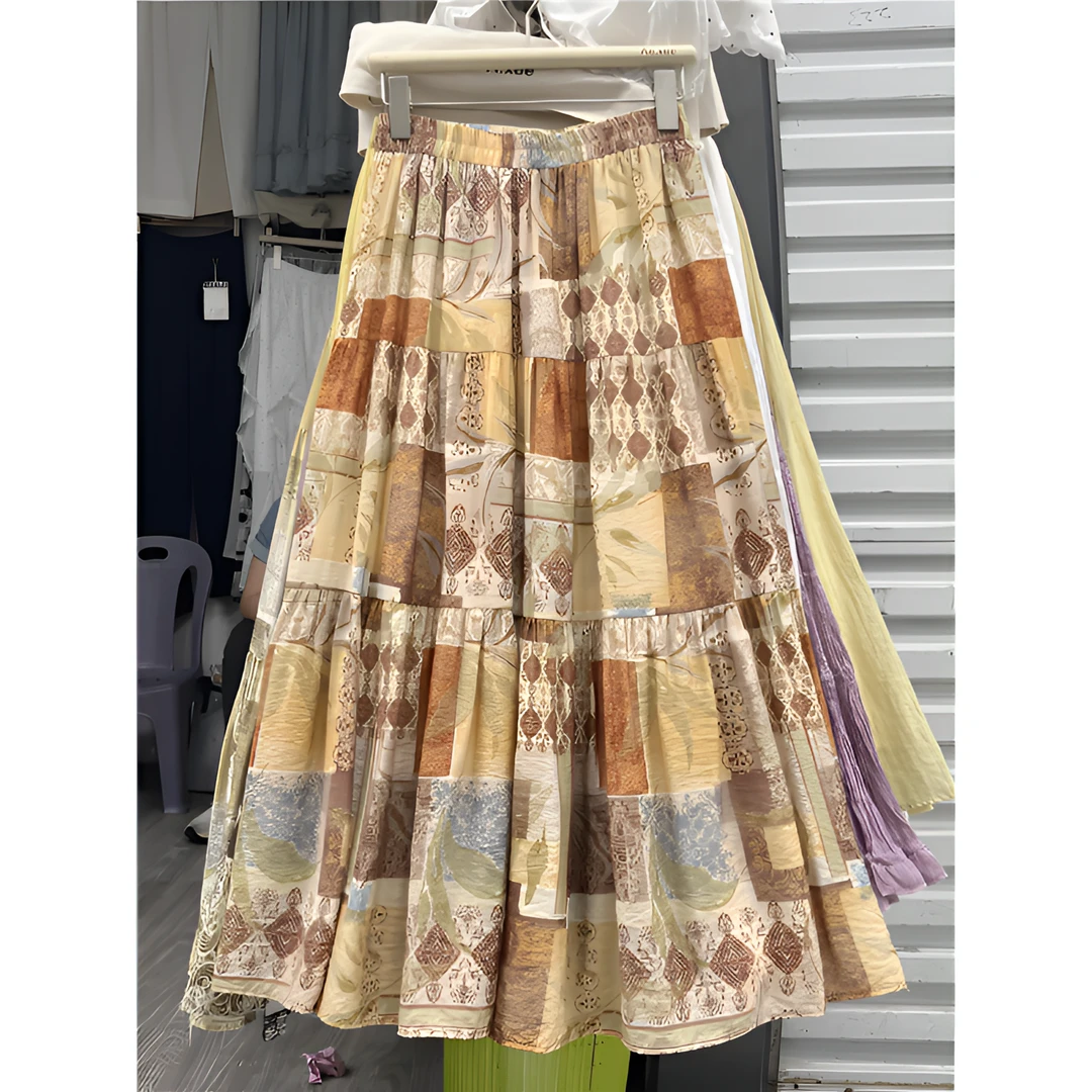 古着印花拼接半身裙女夏季中长款设计感A字裙气质百搭大裙摆伞裙
