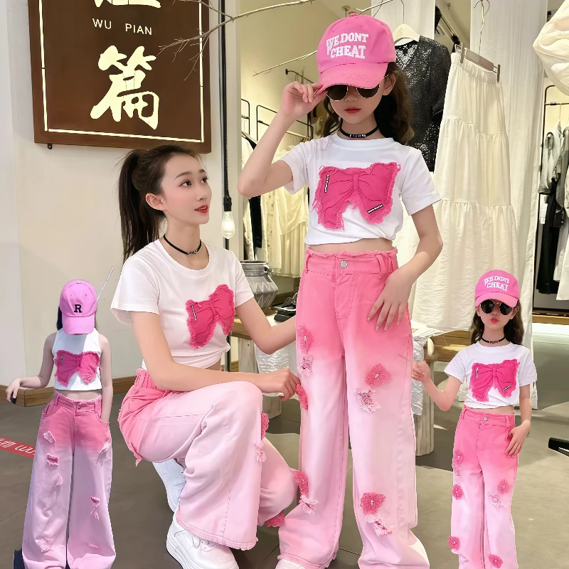 [专柜品质]女童夏季渐变牛仔裤2025新款短袖背心破洞裤子两件套