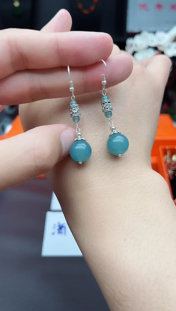 石英质玉（天山翠）银S925镶嵌耳饰420000