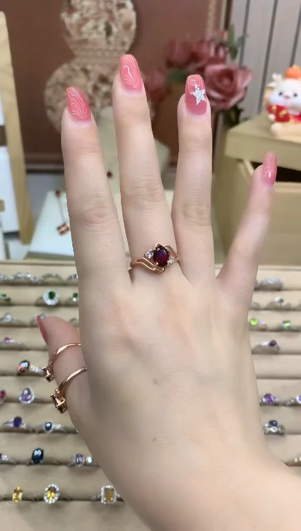 银S925镶嵌戒指石榴石楼兰石榴石戒指（玫瑰金色）