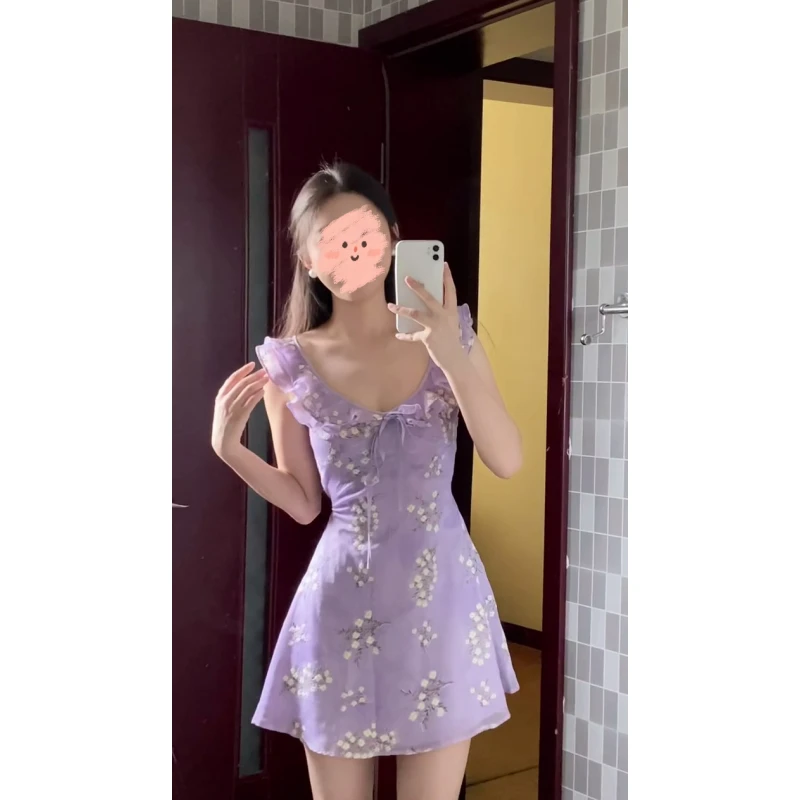 法式荷叶边紫色碎花连衣裙女夏季新款时尚气质收腰A字裙蓬蓬短裙