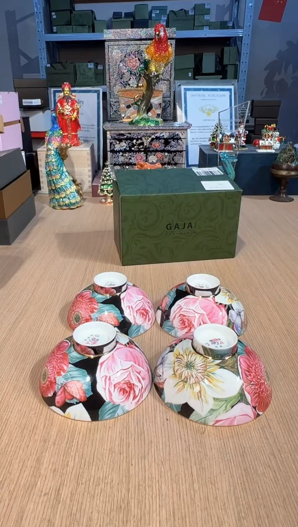 【闪购商品】杯127手绘玫瑰饭碗套四