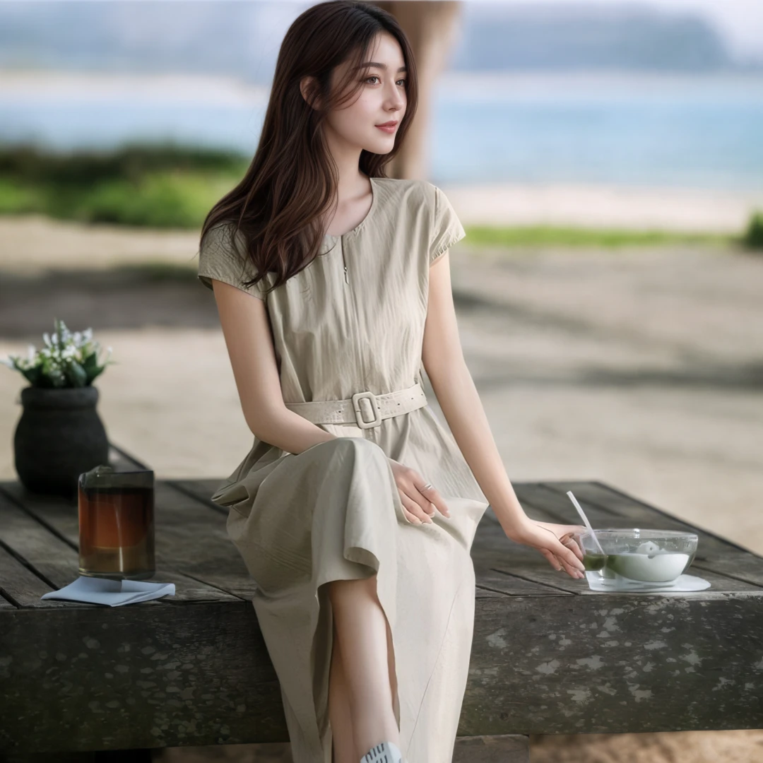 法式复古优雅纯色连肩袖连衣裙女夏季新款设计感小众收腰显瘦长裙