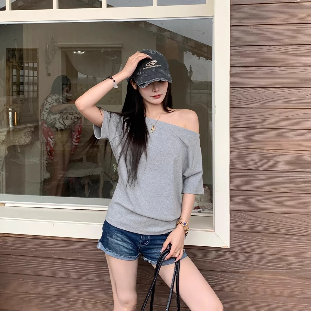 娴柔韩版一字肩短袖T恤女宽松显瘦斜领斜肩露肩上衣纯色设计感