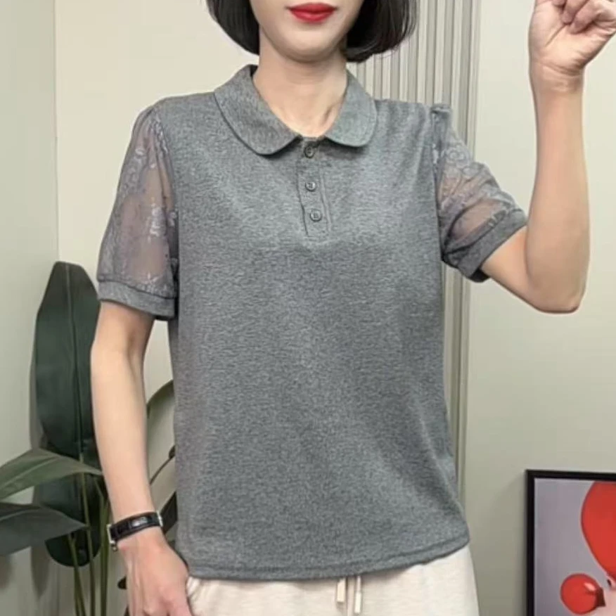 2025夏季新款娃娃领袖子蕾丝拼接气质洋气休闲百搭短袖T恤上衣女