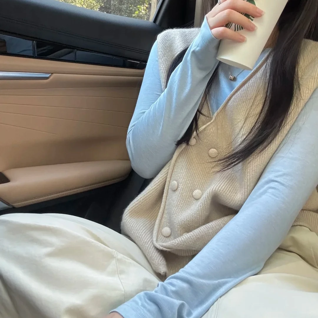 韩系百搭气质不规则针织马甲叠穿圆领显瘦内搭T恤两件套装女ins