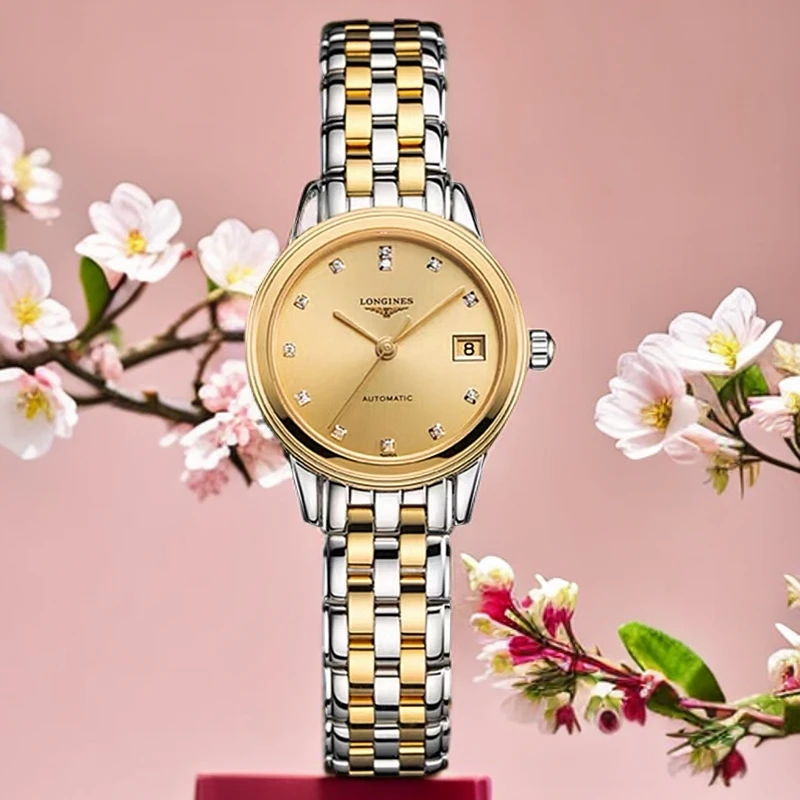 99新 Longines/浪琴 尚丰女表/军旗全套/30MM机械原镶钻金色轻奢