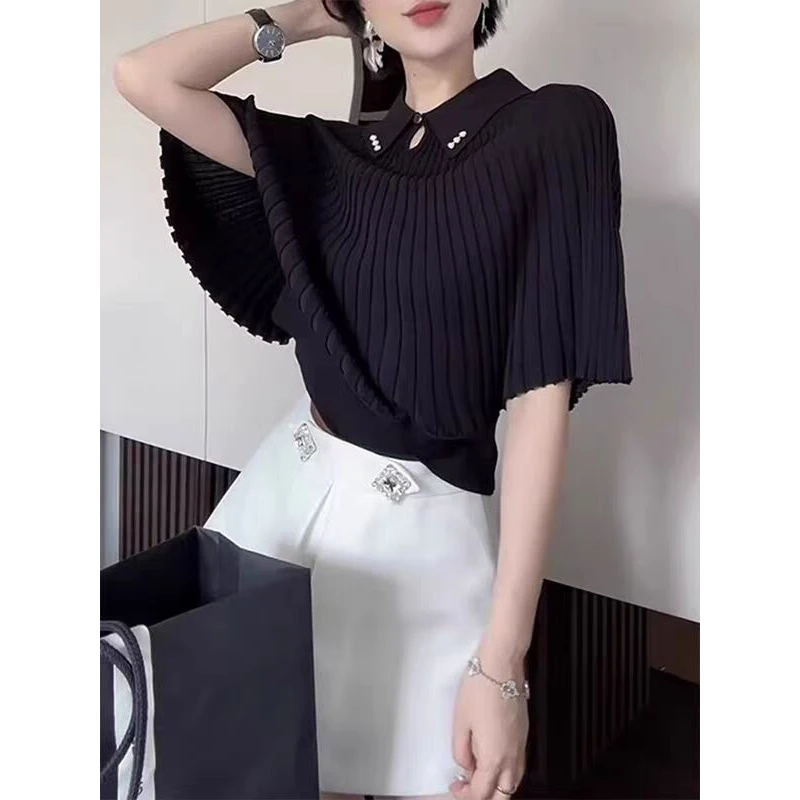 美爆了！高级黑色翻领风琴褶斗篷短袖T恤女夏季时尚气质针织衫上衣