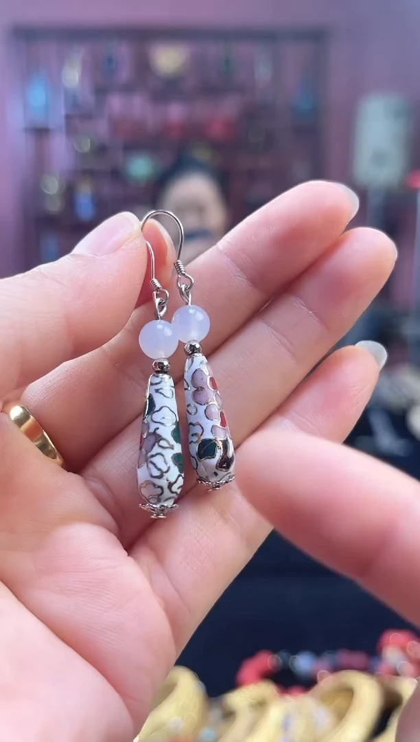 非遗 景泰蓝耳饰 白色 水滴