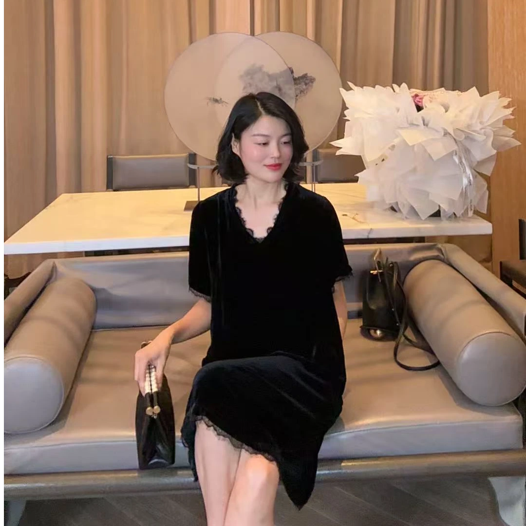 TANTAN  真丝丝绒 气质蕾丝边连衣裙1939