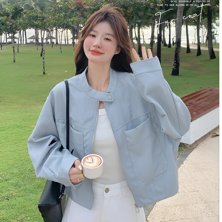 蓝色PU皮衣外套女春秋款2025新款机车服短款皮夹克小个子炸街上衣
